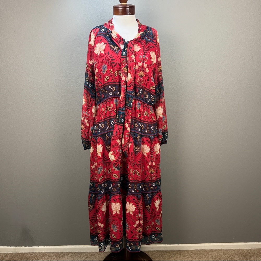Ann Taylor Loft NWT Multi-color Floral Boho Western Bow tiered Midi Dress Sz L